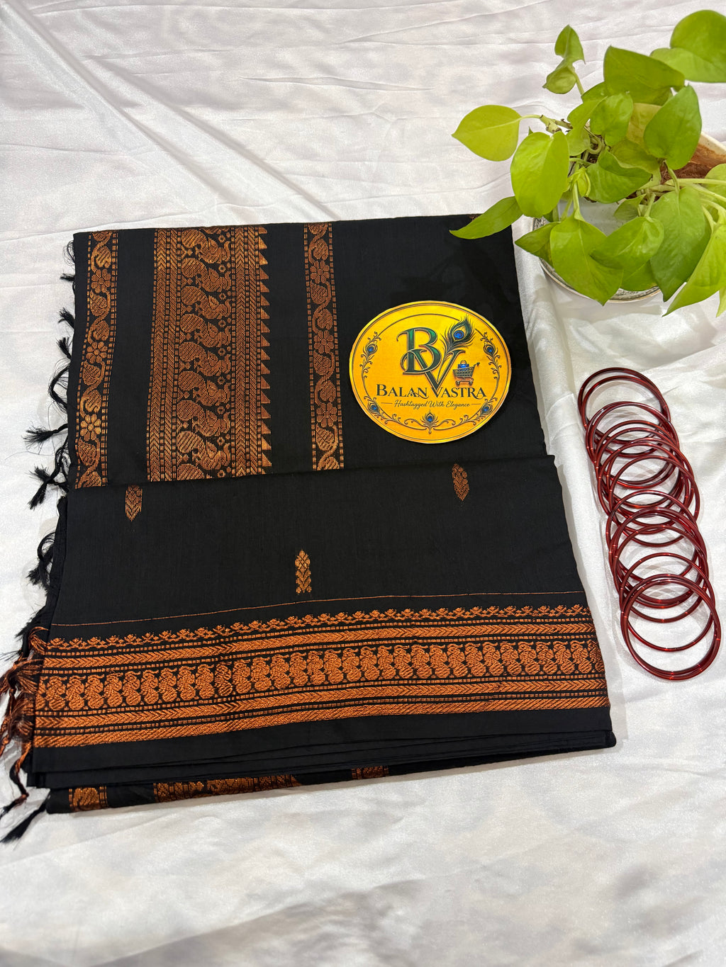 Black Pure Kalyani Cotton Saree with Gold Zari Border | Kalyani Cotton Saree