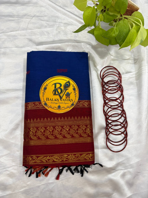 Blue and Red Pure Kalyani Cotton Saree with Zari Border | Kalyani Cotton Saree