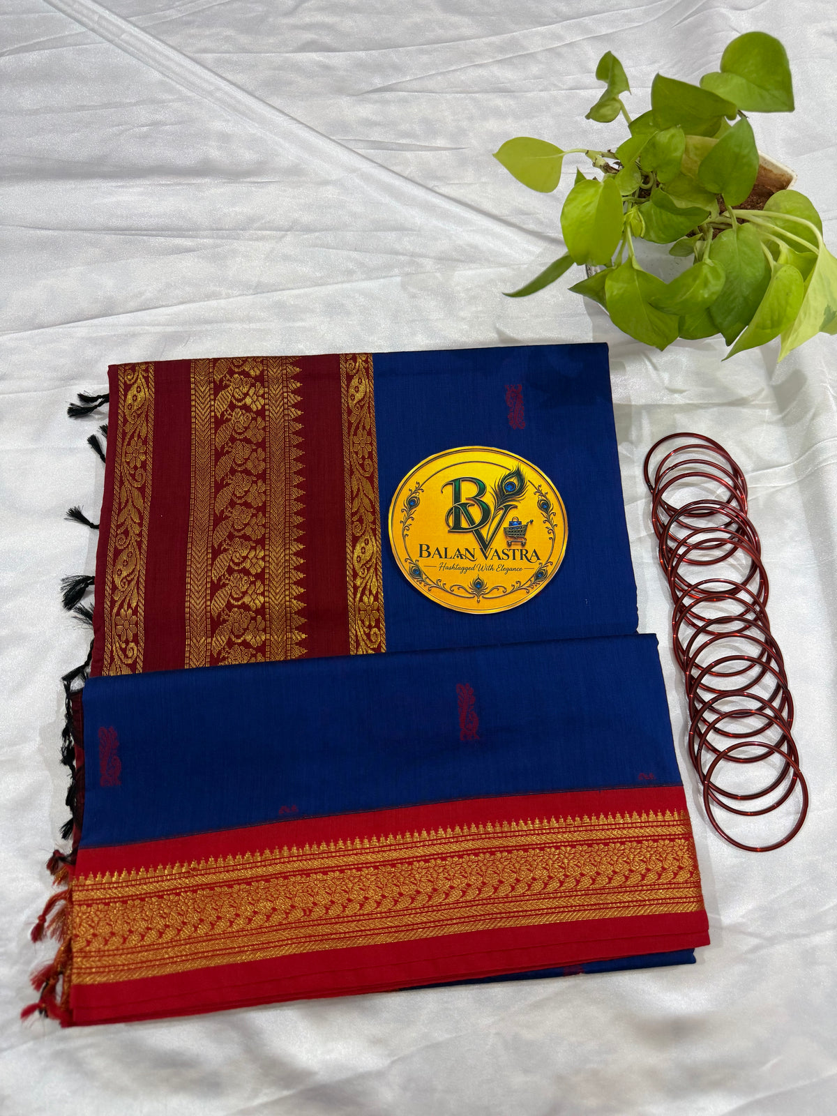 Blue and Red Pure Kalyani Cotton Saree with Zari Border | Kalyani Cotton Saree