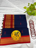 Navy Blue and Red Pure Kalyani Cotton Saree with Zari Border | Kalyani Cotton Saree