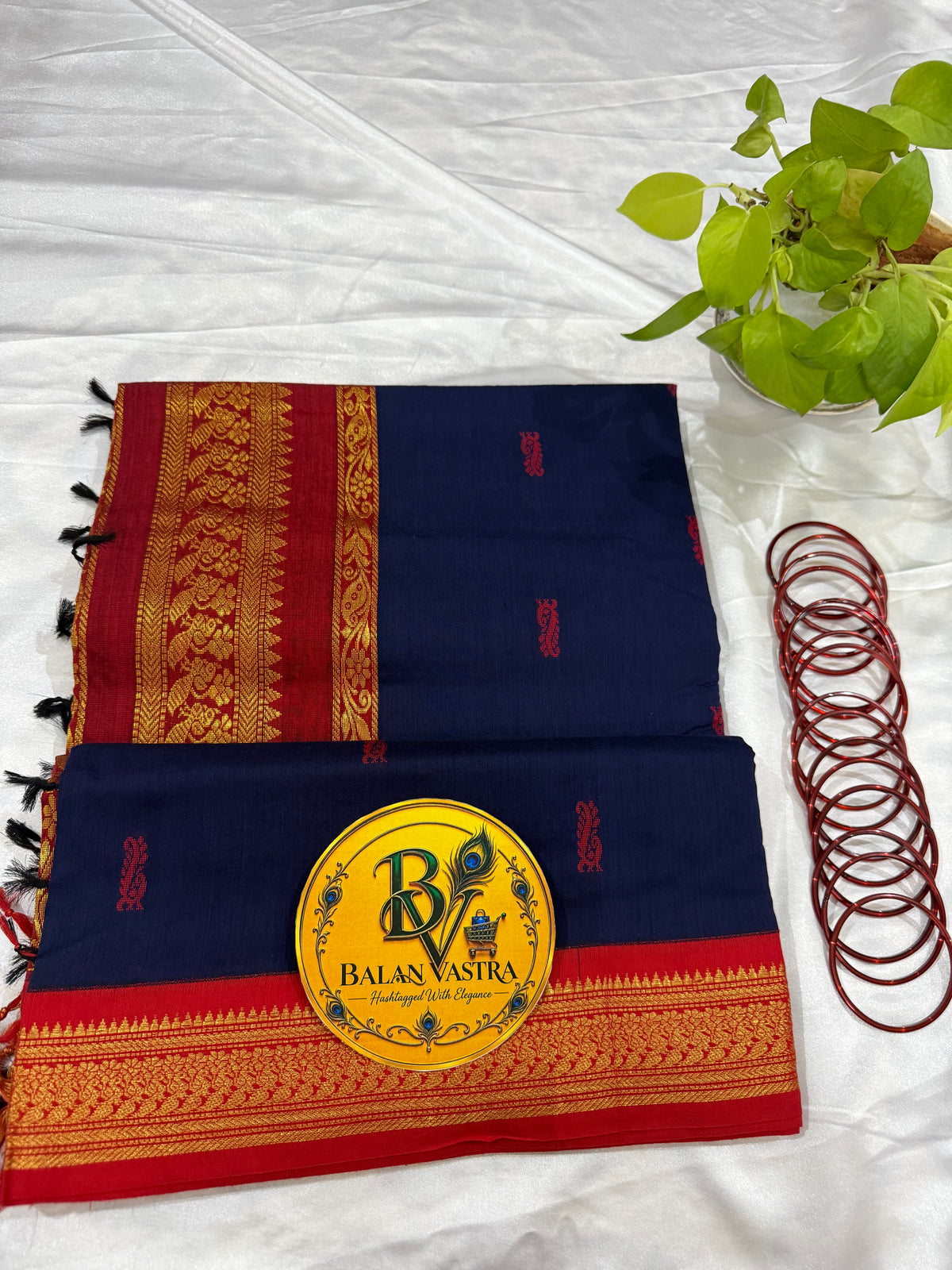 Navy Blue and Red Pure Kalyani Cotton Saree with Zari Border | Kalyani Cotton Saree