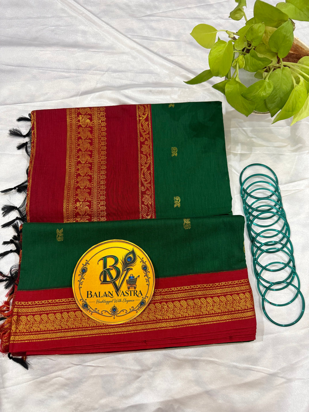 Green and Red Pure Kalyani Cotton Saree with Zari Border | Kalyani Cotton Saree