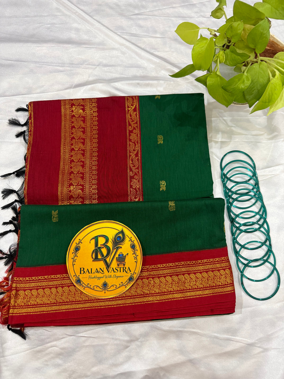 Green and Red Pure Kalyani Cotton Saree with Zari Border | Kalyani Cotton Saree