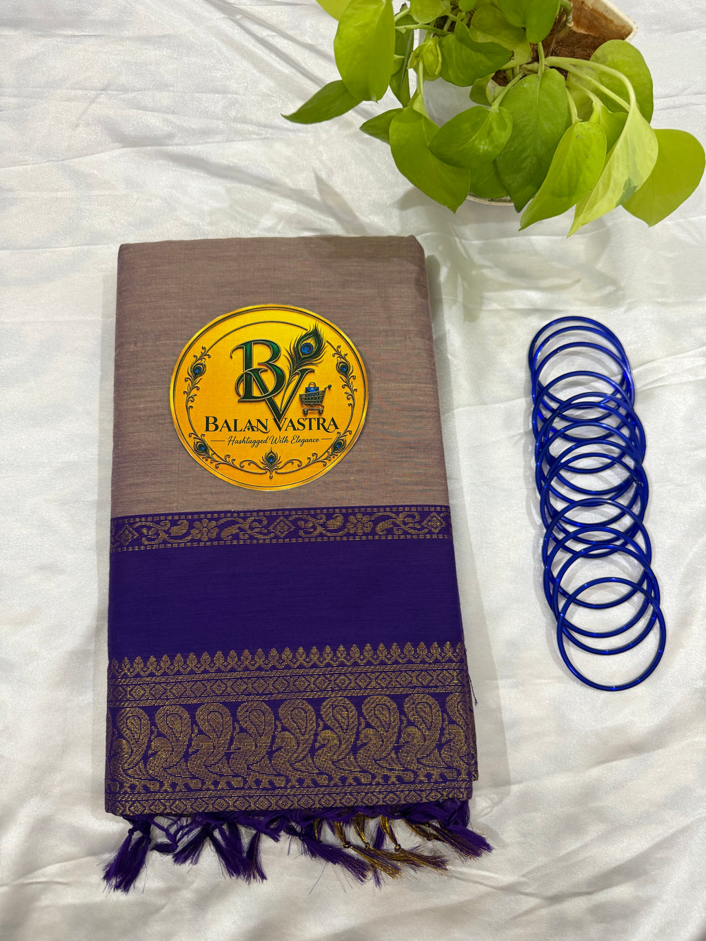 Grey and Blue Pure Kalyani Cotton Saree with Zari Border | Kalyani Cotton Saree