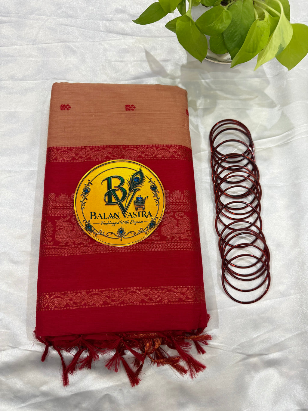 Peach and Red Pure Kalyani Cotton Saree with Zari Border | Kalyani Cotton Saree