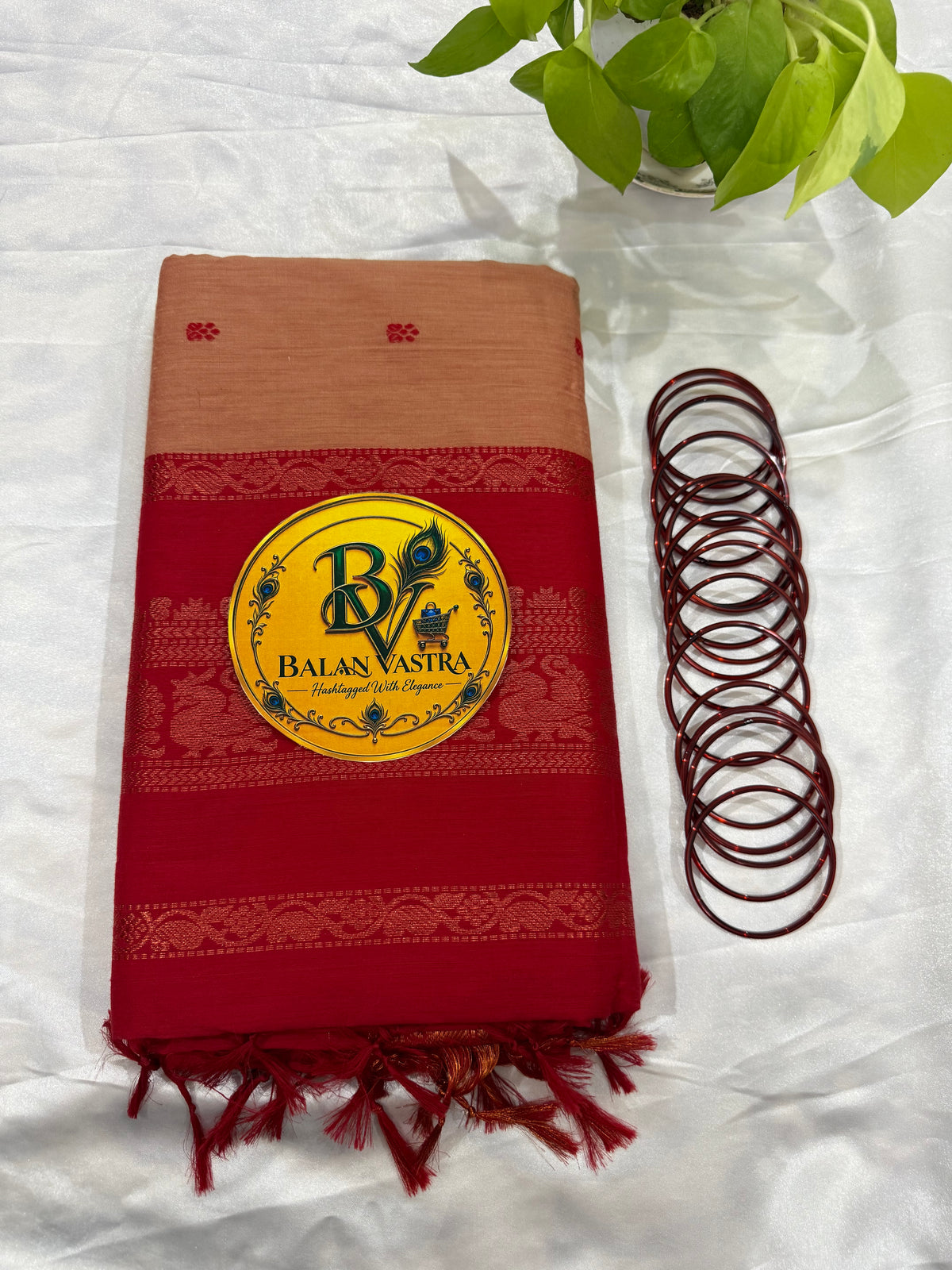 Peach and Red Pure Kalyani Cotton Saree with Zari Border | Kalyani Cotton Saree