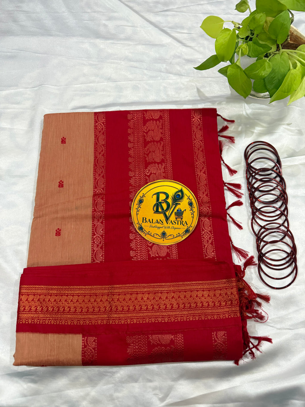 Peach and Red Pure Kalyani Cotton Saree with Zari Border | Kalyani Cotton Saree