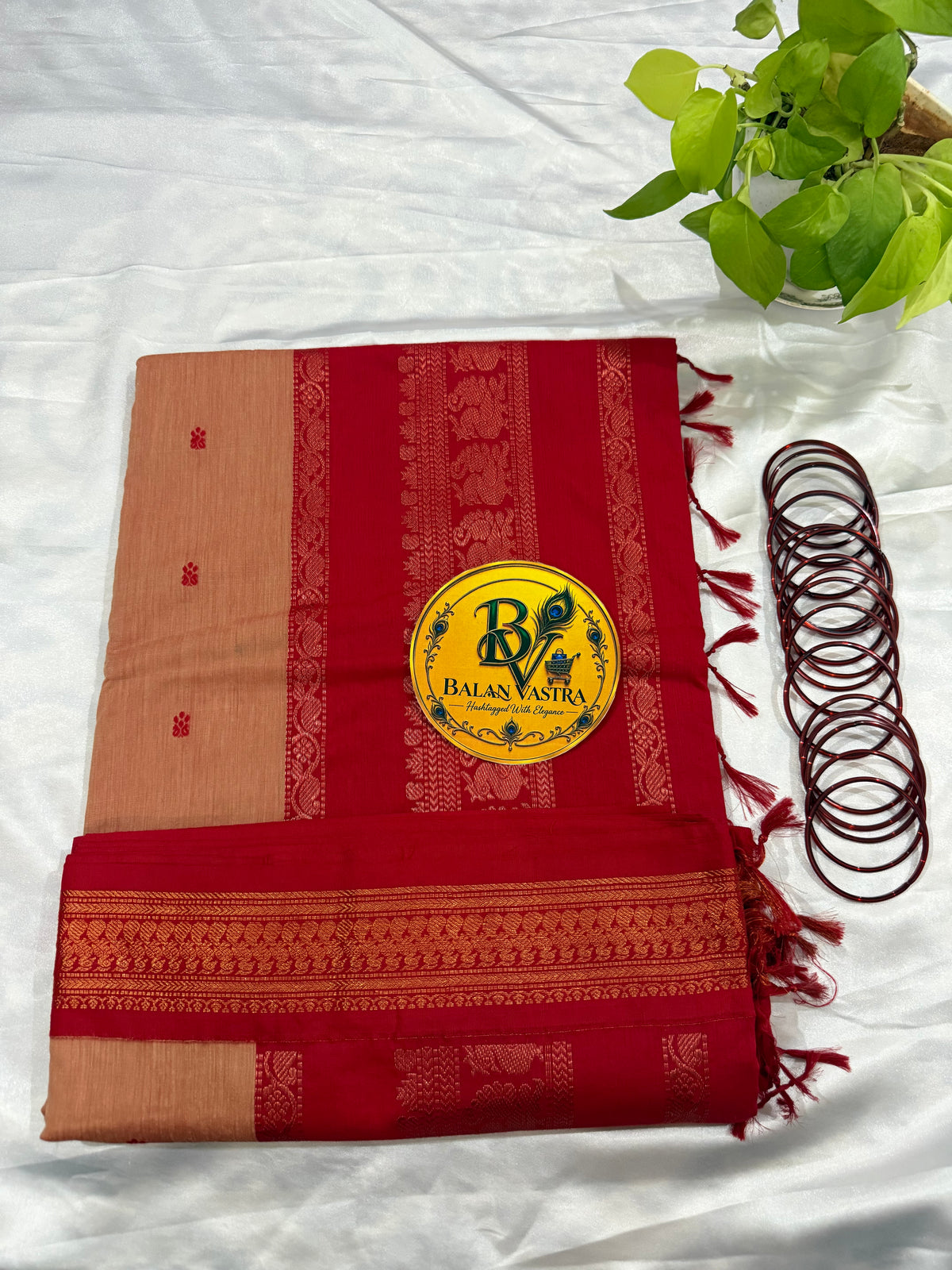 Peach and Red Pure Kalyani Cotton Saree with Zari Border | Kalyani Cotton Saree