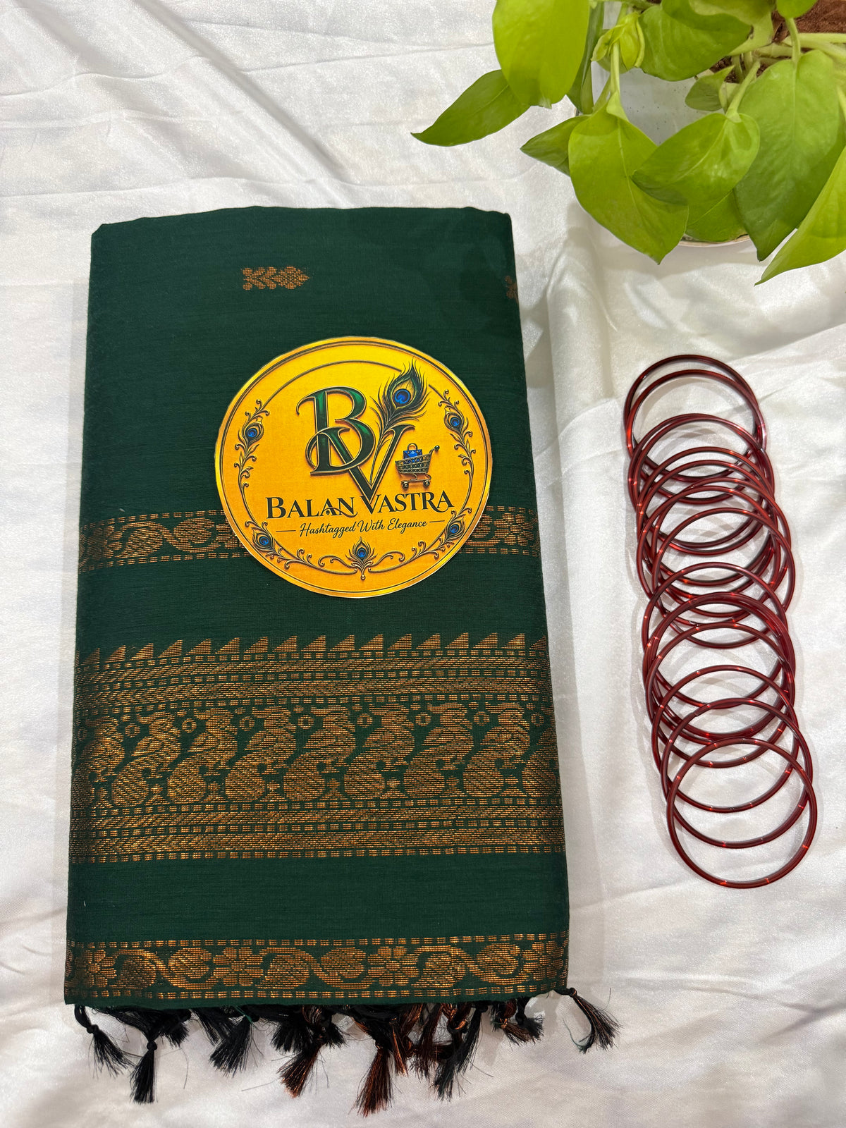 Dark Green Pure Kalyani Cotton Saree with Gold Zari Border | Kalyani Cotton Saree