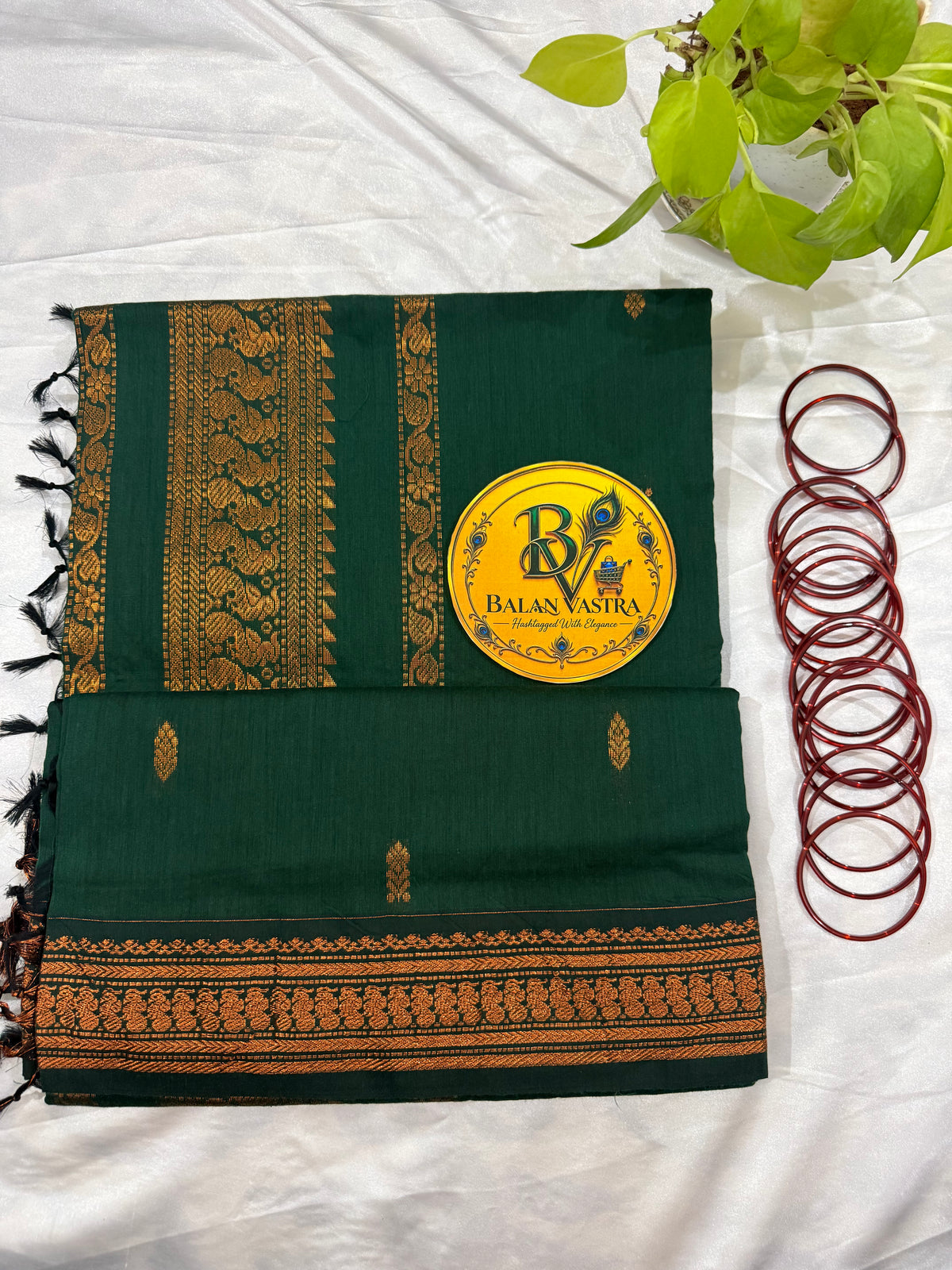 Dark Green Pure Kalyani Cotton Saree with Gold Zari Border | Kalyani Cotton Saree