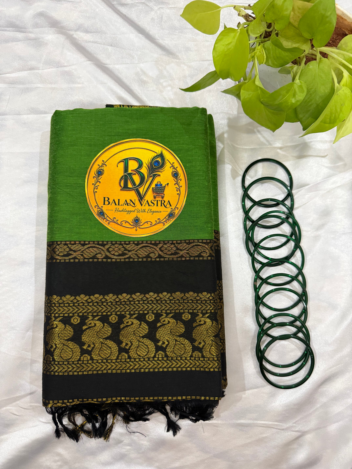 Green and Black Pure Kalyani Cotton Saree with Zari Border | Kalyani Cotton Saree