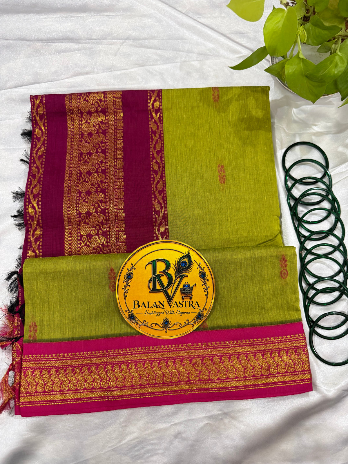 Parrot Green and Pink Pure Kalyani Cotton Saree with Zari Border | Kalyani Cotton Saree