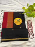 Black Saree with Gold Zari Border and Red Pallu Maheshwari Cotton Silk Saree for Women | Maheswari Pure Cotton Saree | Traditional Saree | Office Wear Saree | Daily Wear Saree | Festive Saree | Lightweight Saree