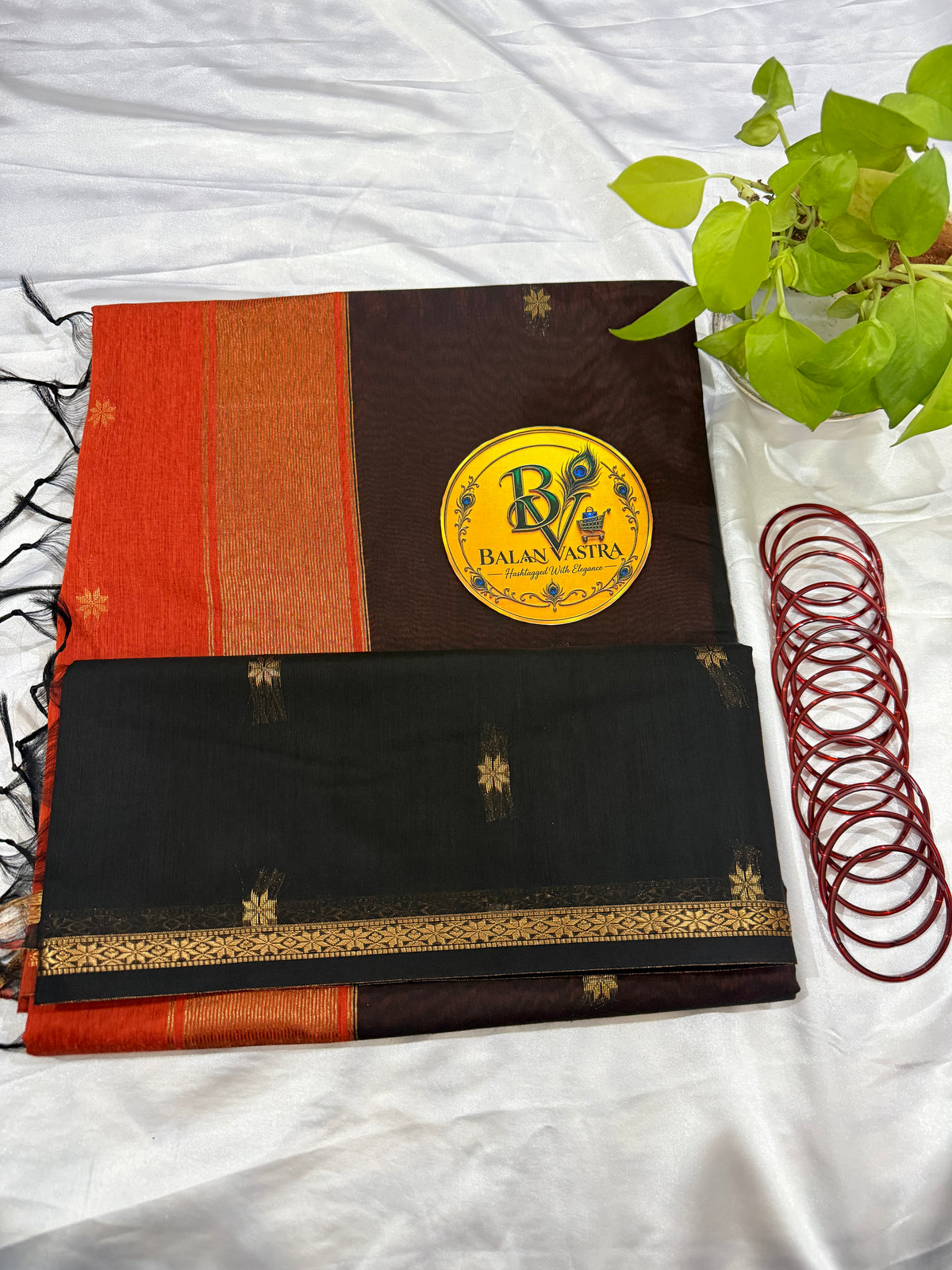 Black Saree with Gold Zari Border and Orange Pallu Maheshwari Cotton Silk Saree for Women | Maheswari Pure Cotton Saree | Traditional Saree | Office Wear Saree | Daily Wear Saree | Festive Saree | Lightweight Saree