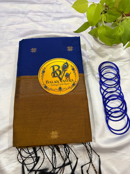 Blue Saree with Gold Zari Border and Mustard Pallu Maheshwari Cotton Silk Saree for Women | Maheswari Pure Cotton Saree | Traditional Saree | Office Wear Saree | Daily Wear Saree | Festive Saree | Lightweight Saree