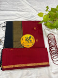 Red Saree with Gold Zari Border and Black Pallu Maheshwari Cotton Silk Saree for Women | Maheswari Pure Cotton Saree | Traditional Saree | Office Wear Saree | Daily Wear Saree | Festive Saree | Lightweight Saree