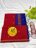 Red Saree with Gold Zari Border and Blue Pallu Maheshwari Cotton Silk Saree for Women | Maheswari Pure Cotton Saree | Traditional Saree | Office Wear Saree | Daily Wear Saree | Festive Saree | Lightweight Saree