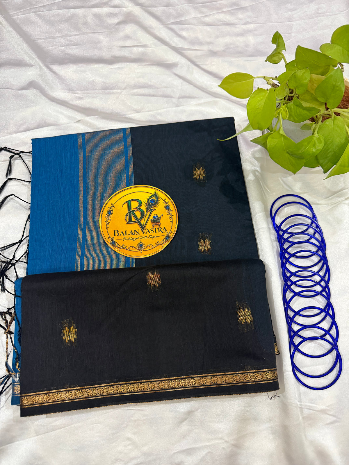 Black Saree with Gold Zari Border and Blue Pallu Maheshwari Cotton Silk Saree for Women | Maheswari Pure Cotton Saree | Traditional Saree | Office Wear Saree | Daily Wear Saree | Festive Saree | Lightweight Saree