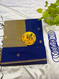 Blue Saree with Gold Zari Border and Grey Pallu Maheshwari Cotton Silk Saree for Women | Maheswari Pure Cotton Saree | Traditional Saree | Office Wear Saree | Daily Wear Saree | Festive Saree | Lightweight Saree
