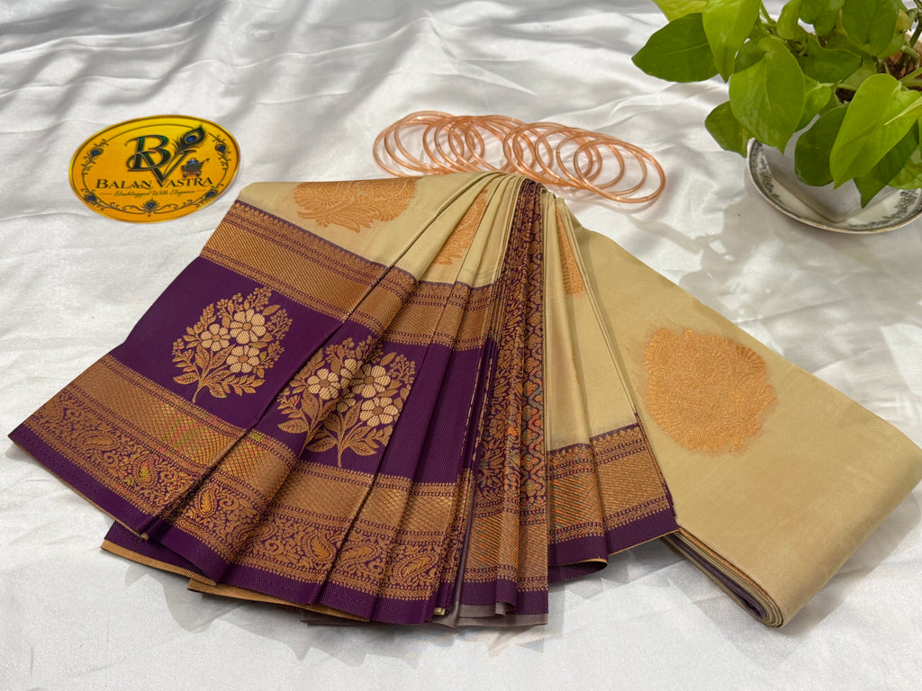 Premium Semi Silk Biege Saree | Biege & Purple Contrast Border Semi Silk Saree