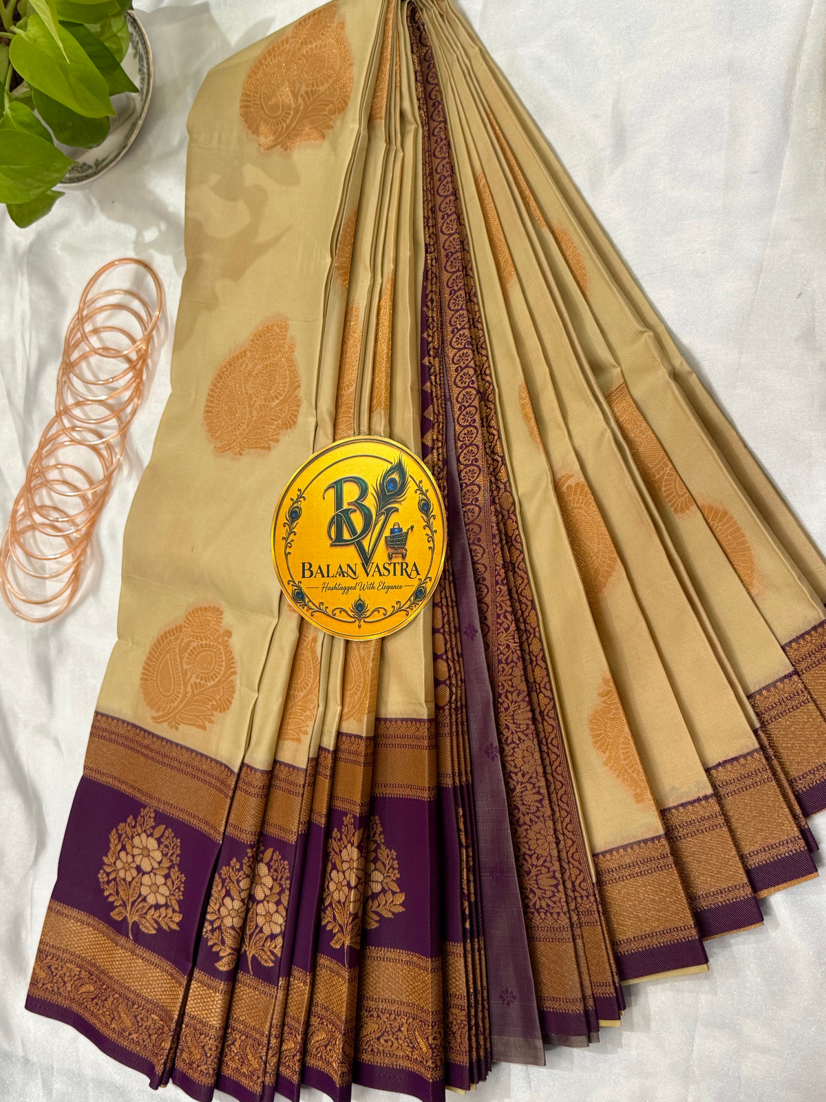 Premium Semi Silk Biege Saree | Biege & Purple Contrast Border Semi Silk Saree
