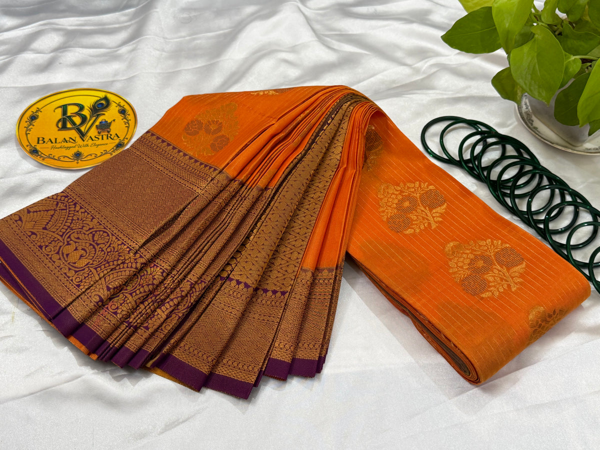 Premium Semi Silk Orange Saree | Orange & Purple Contrast Border Semi Silk Saree
