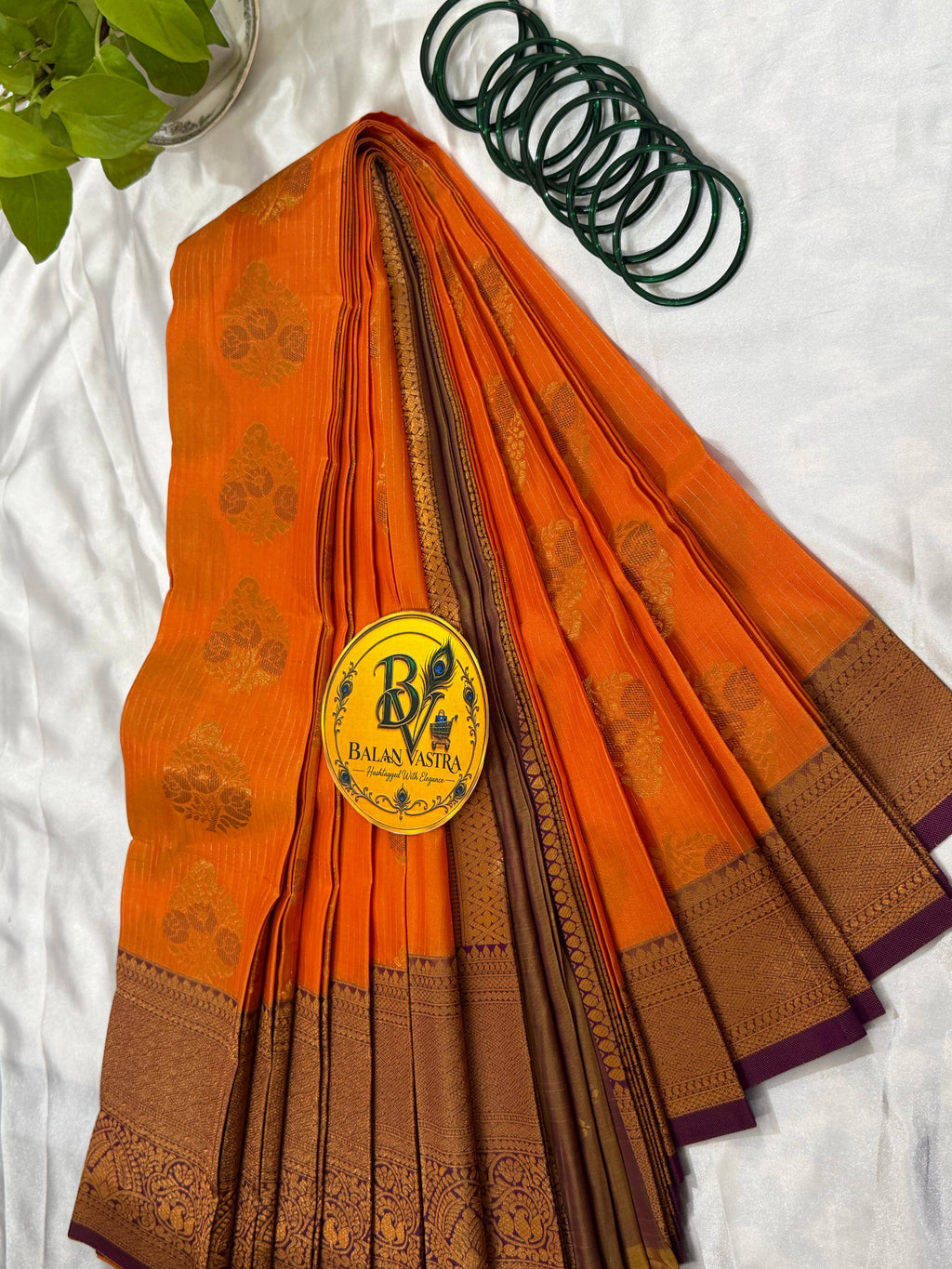 Premium Semi Silk Orange Saree | Orange & Purple Contrast Border Semi Silk Saree