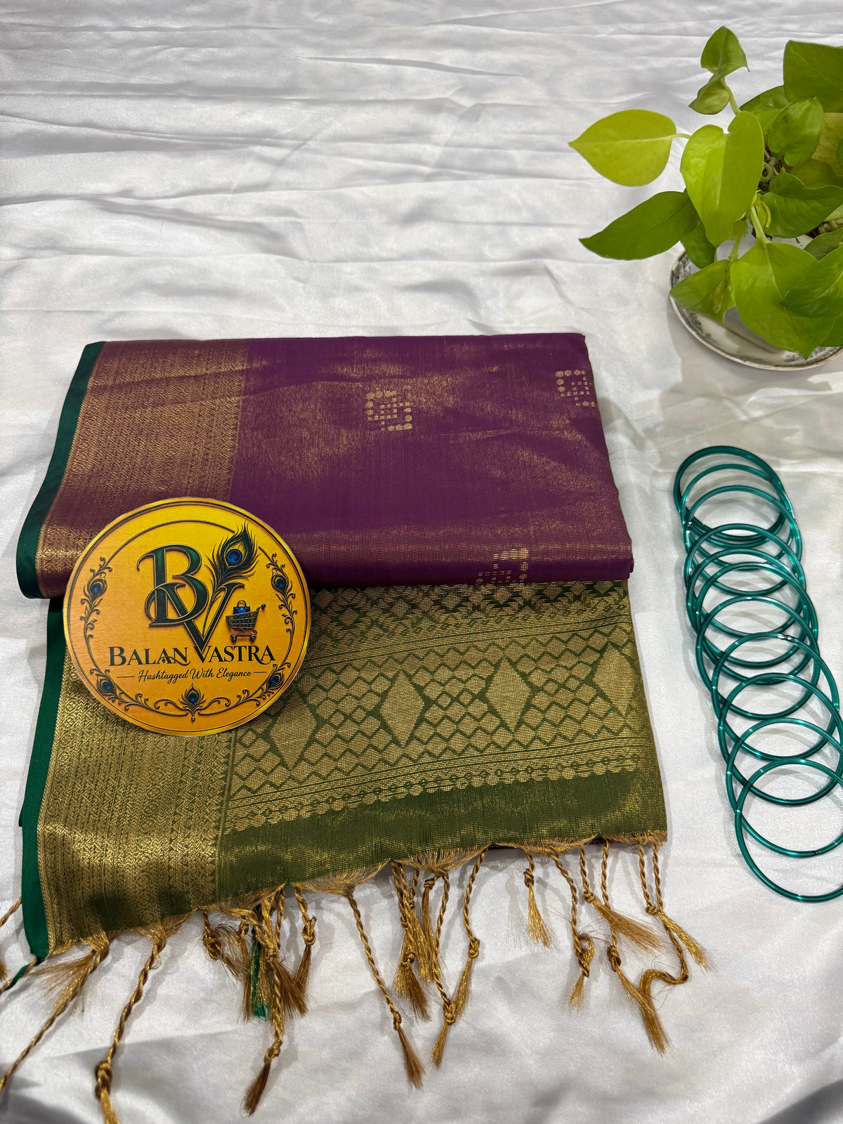 Purple Tissue Silk Saree with Green Zari Border for Women | Tissue Saree for Women | Lightweight Tissue Saree