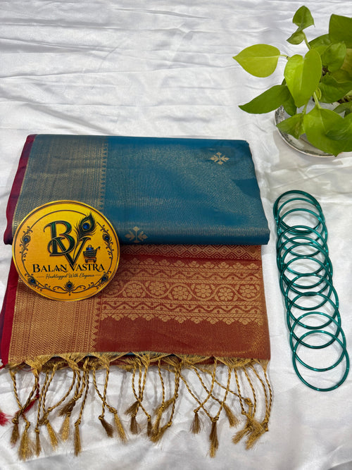Blue Tissue Silk Saree with Maroon Zari Border for Women | Tissue Saree for Women | Lightweight Tissue Saree