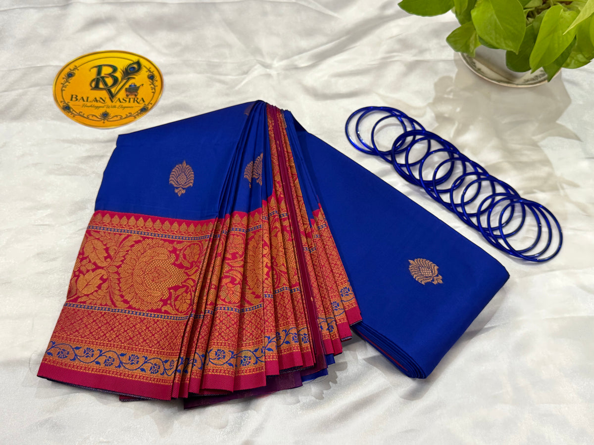Premium Semi Silk Blue Saree | Blue & Red Contrast Border Semi Silk Saree