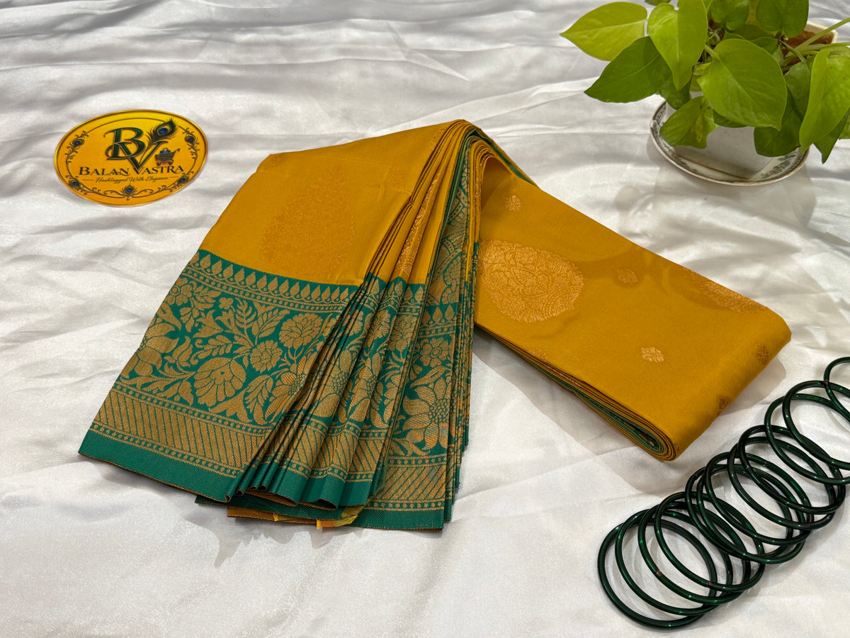 Premium Semi Silk Yellow Saree | Yellow & Green Contrast Border Semi Silk Saree