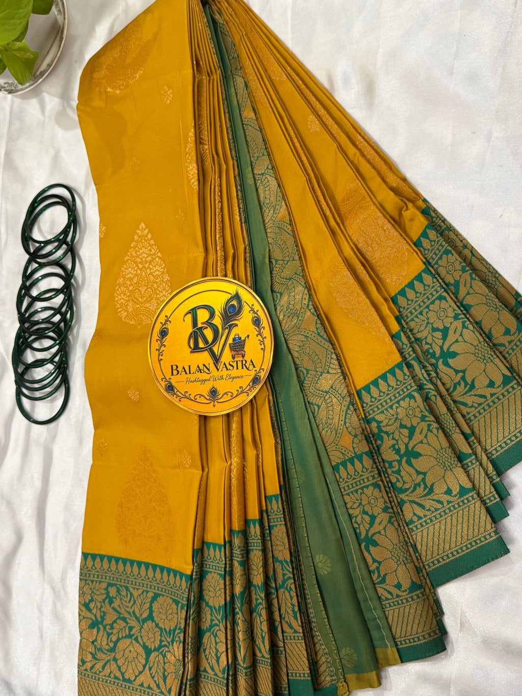 Premium Semi Silk Yellow Saree | Yellow & Green Contrast Border Semi Silk Saree
