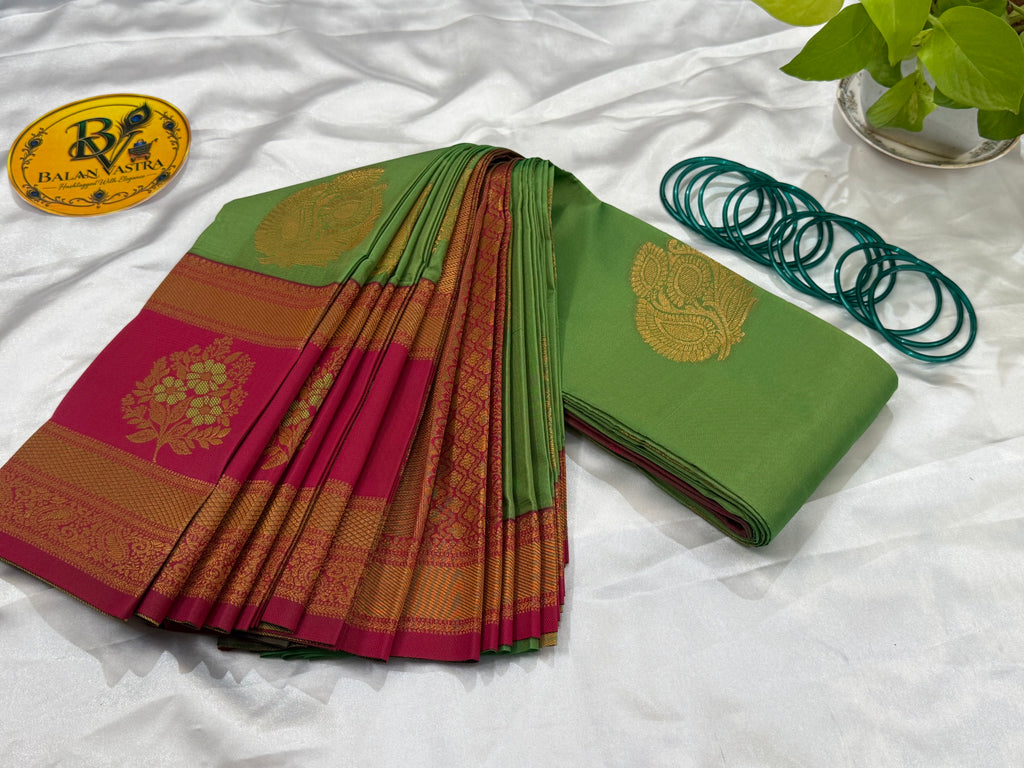 Premium Semi Silk Green Saree | Parrot Green & Red Contrast Border Semi Silk Saree