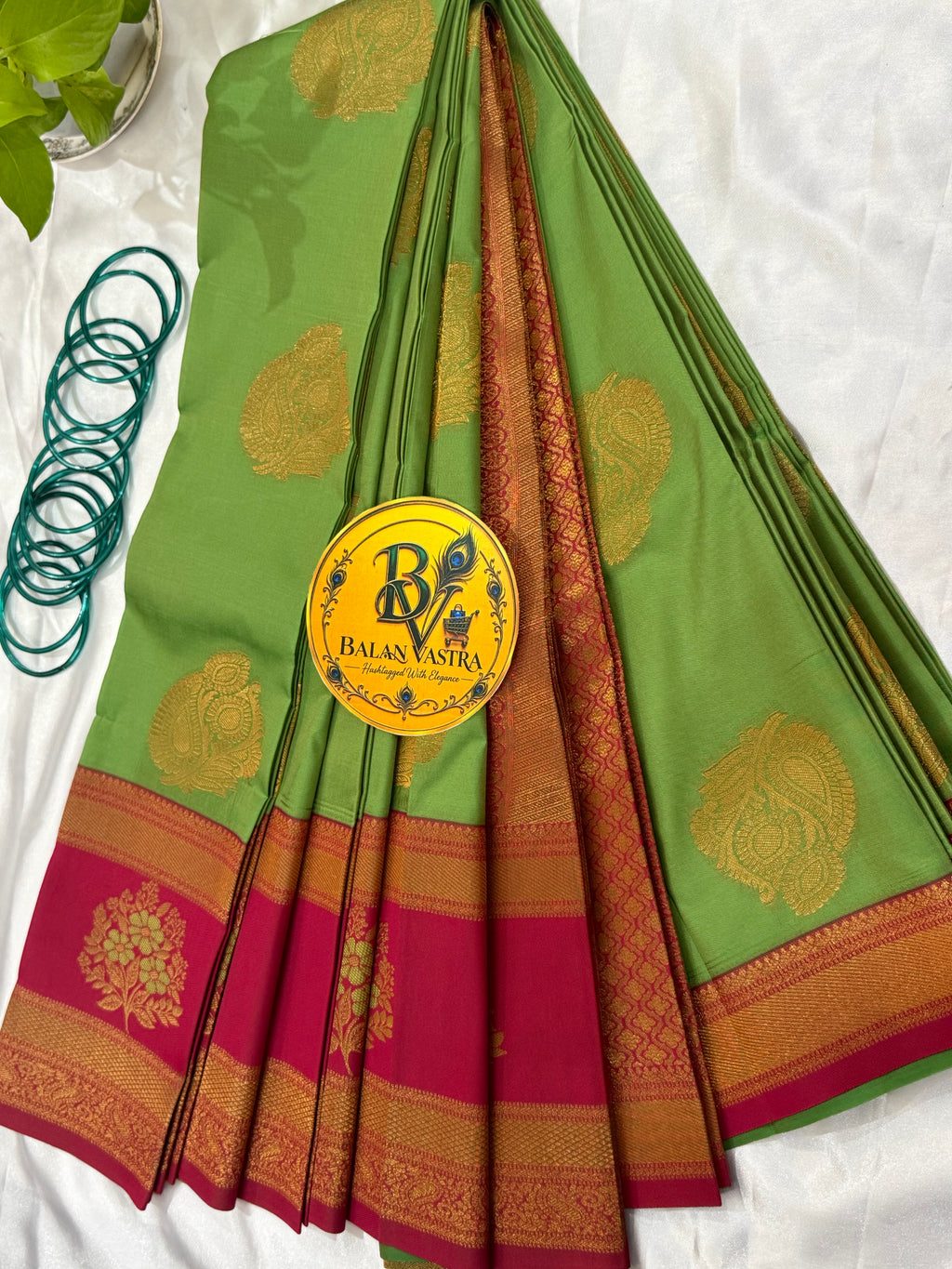 Premium Semi Silk Green Saree | Parrot Green & Red Contrast Border Semi Silk Saree