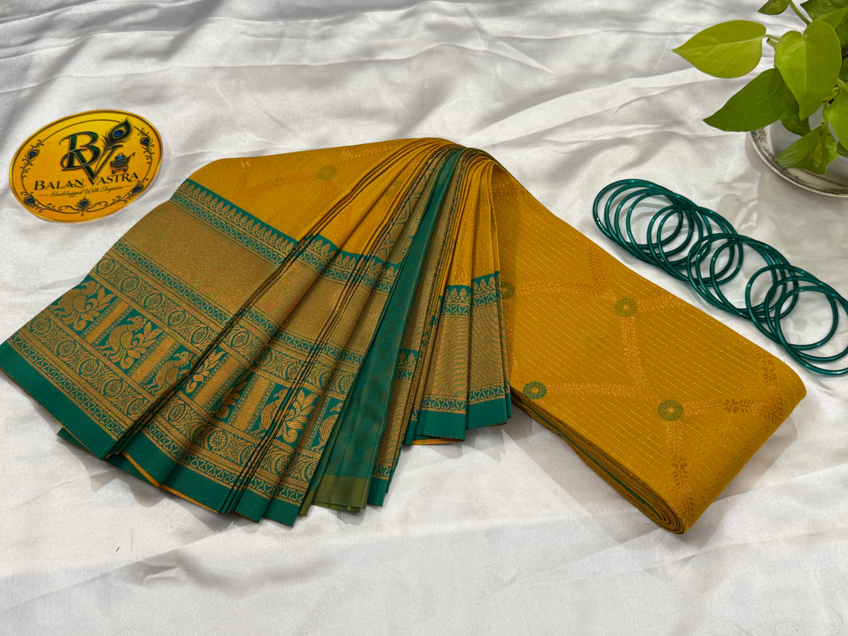 Premium Semi Silk Yellow Saree | Yellow & Green Contrast Border Semi Silk Saree
