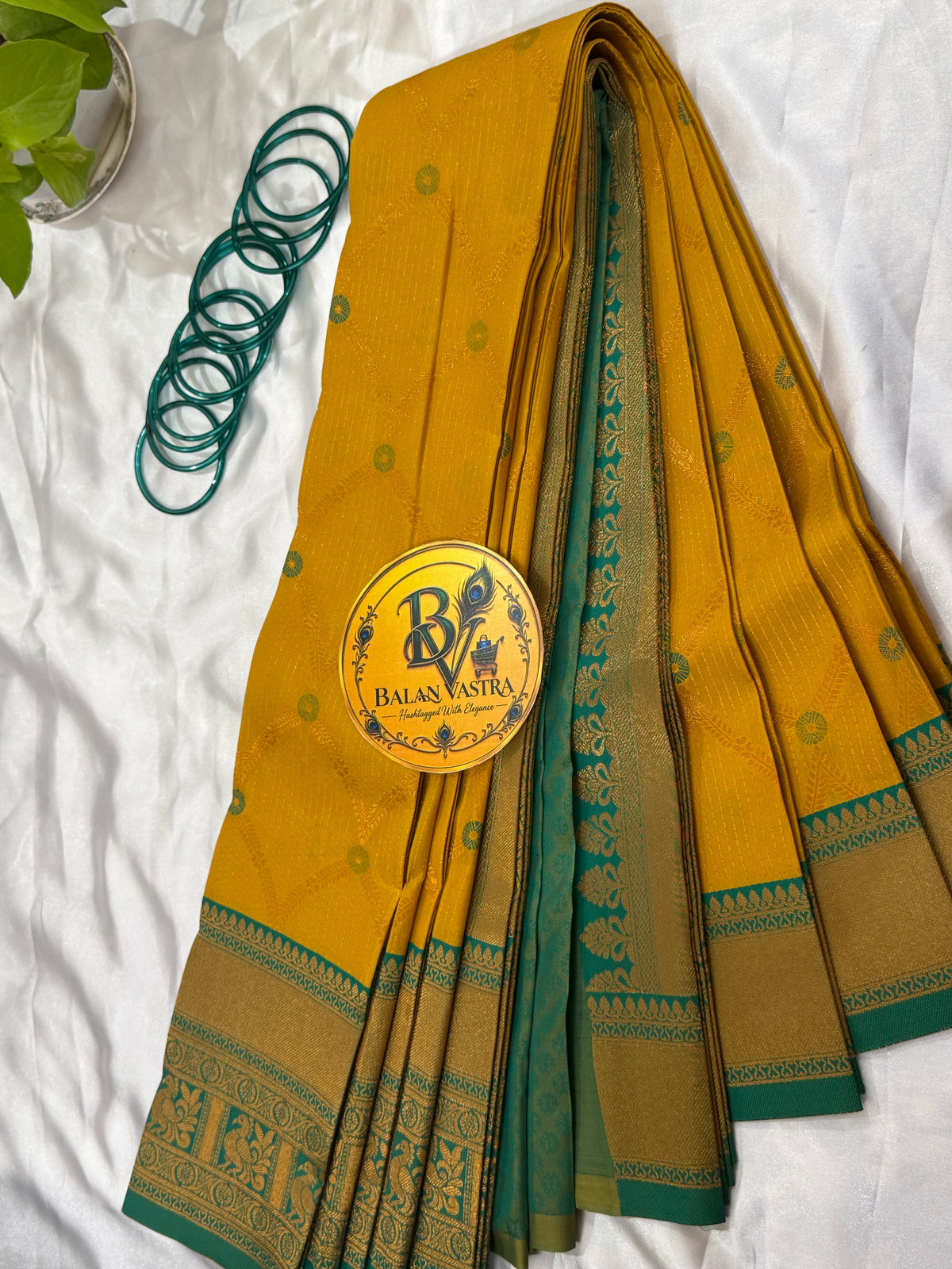 Premium Semi Silk Yellow Saree | Yellow & Green Contrast Border Semi Silk Saree