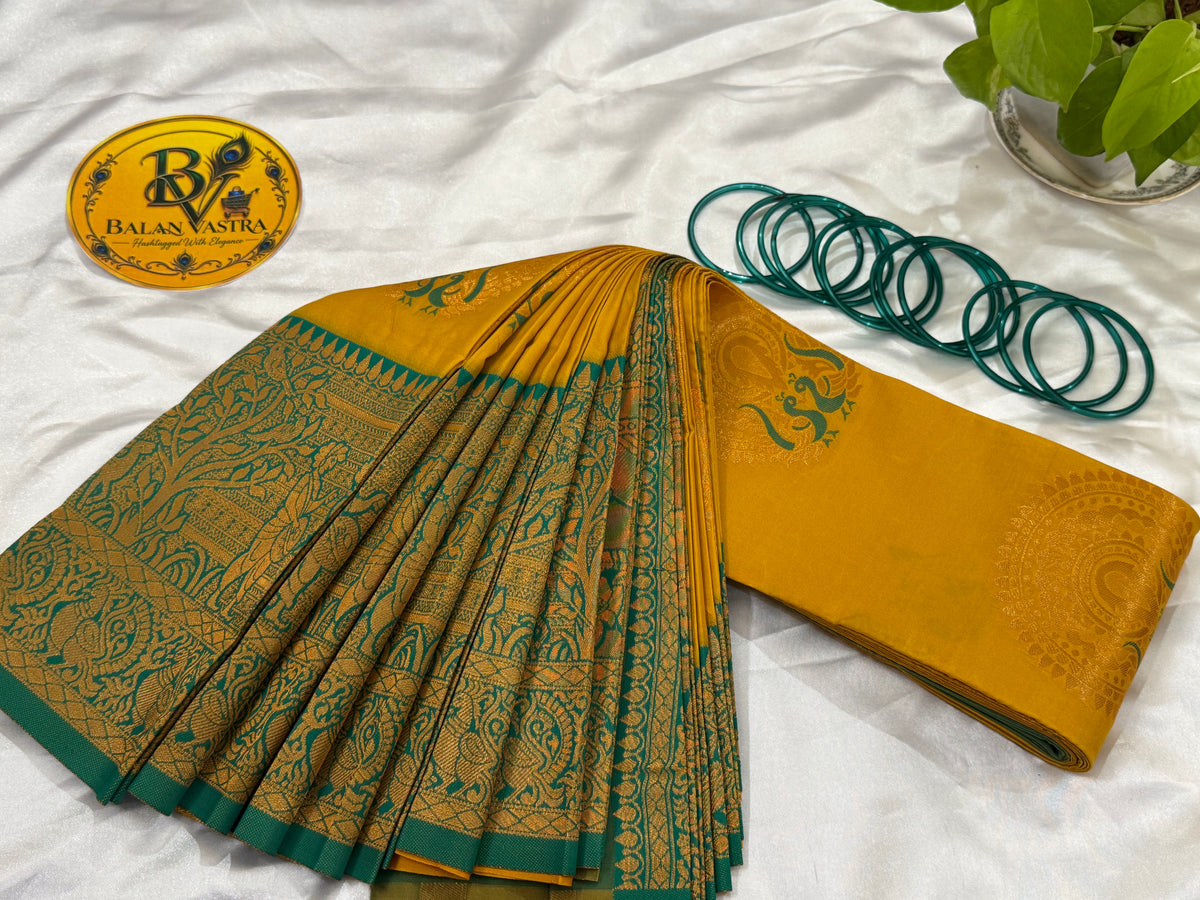 Premium Semi Silk Yellow Saree | Yellow & Green Contrast Border Semi Silk Saree with Peacock design