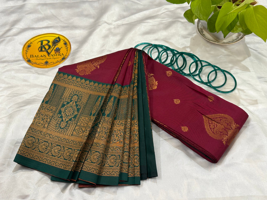 Premium Semi Silk Maroon Saree | Maroon & Green Contrast Border Saree
