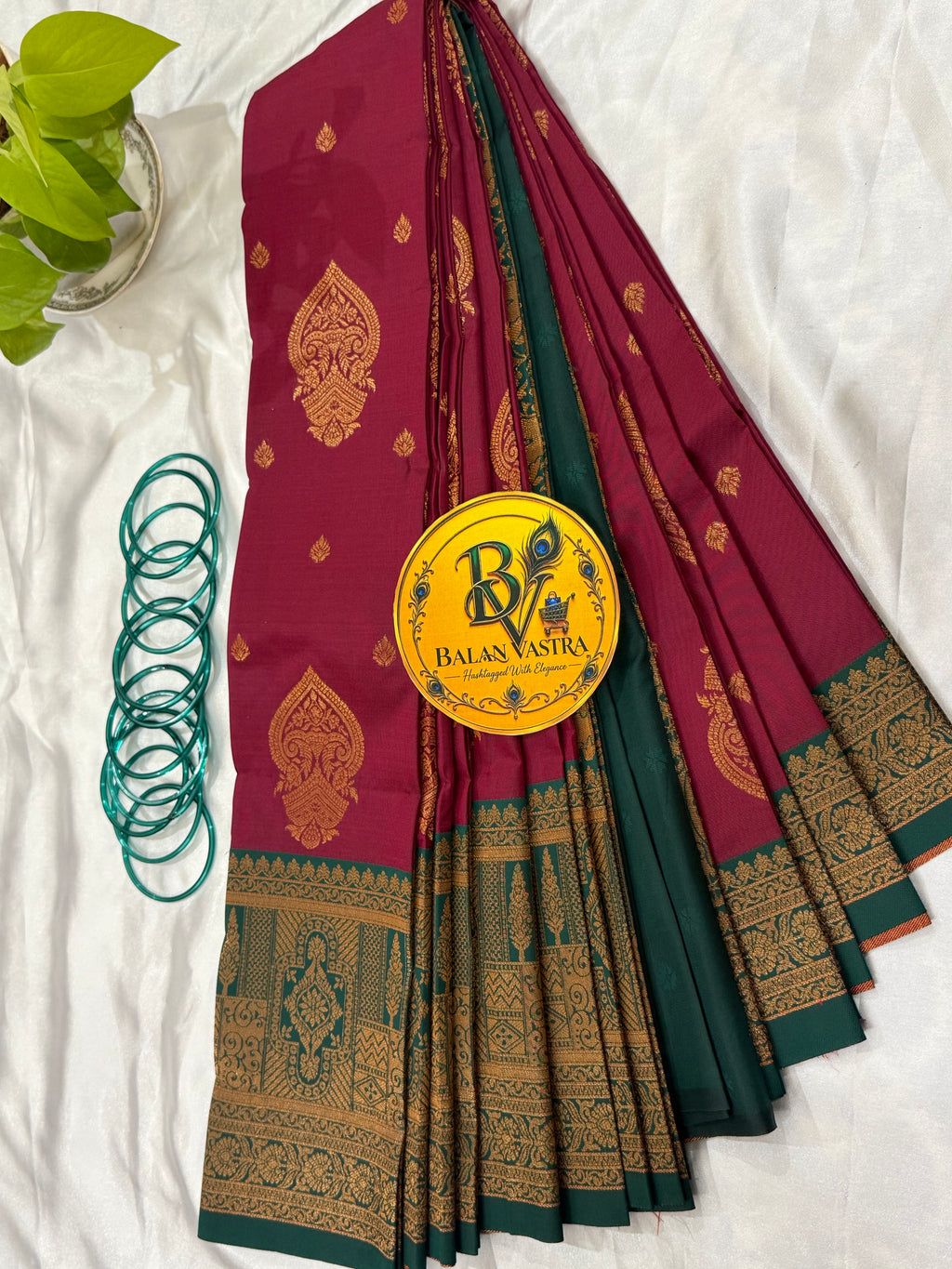 Premium Semi Silk Maroon Saree | Maroon & Green Contrast Border Saree