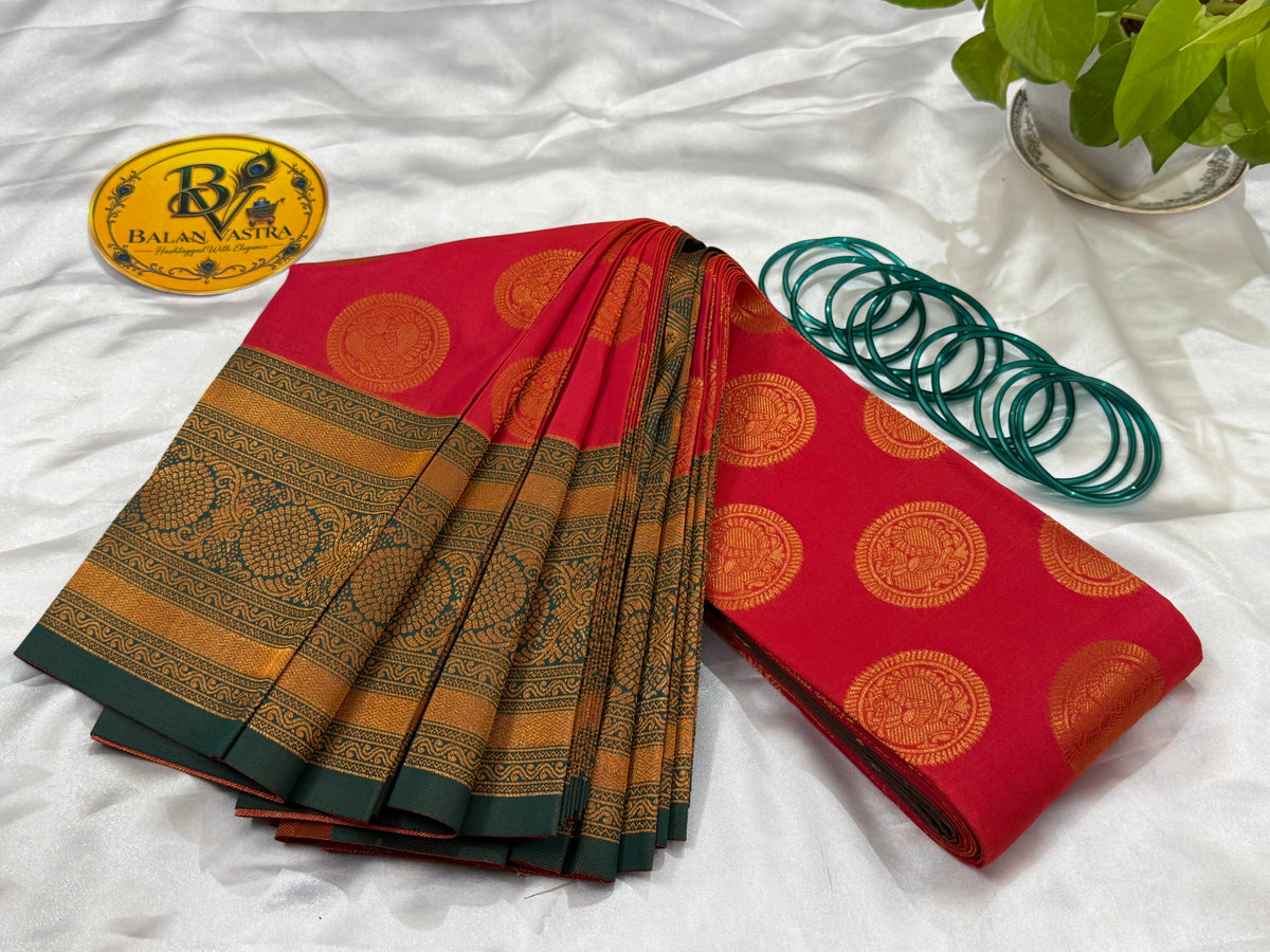 Premium Semi Silk Red Saree | Red & Green Contrast Border Semi Silk Saree