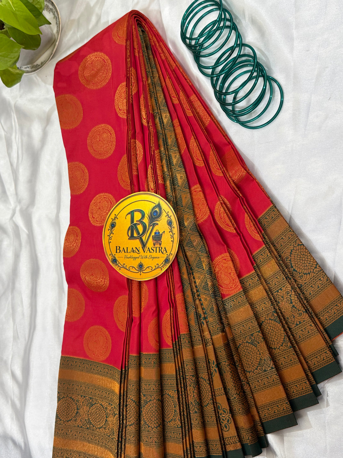 Premium Semi Silk Red Saree | Red & Green Contrast Border Semi Silk Saree