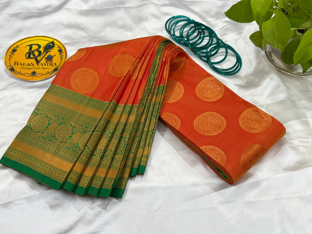 Premium Semi Silk Orange Saree | Orange & Green Contrast Border Semi Silk Saree