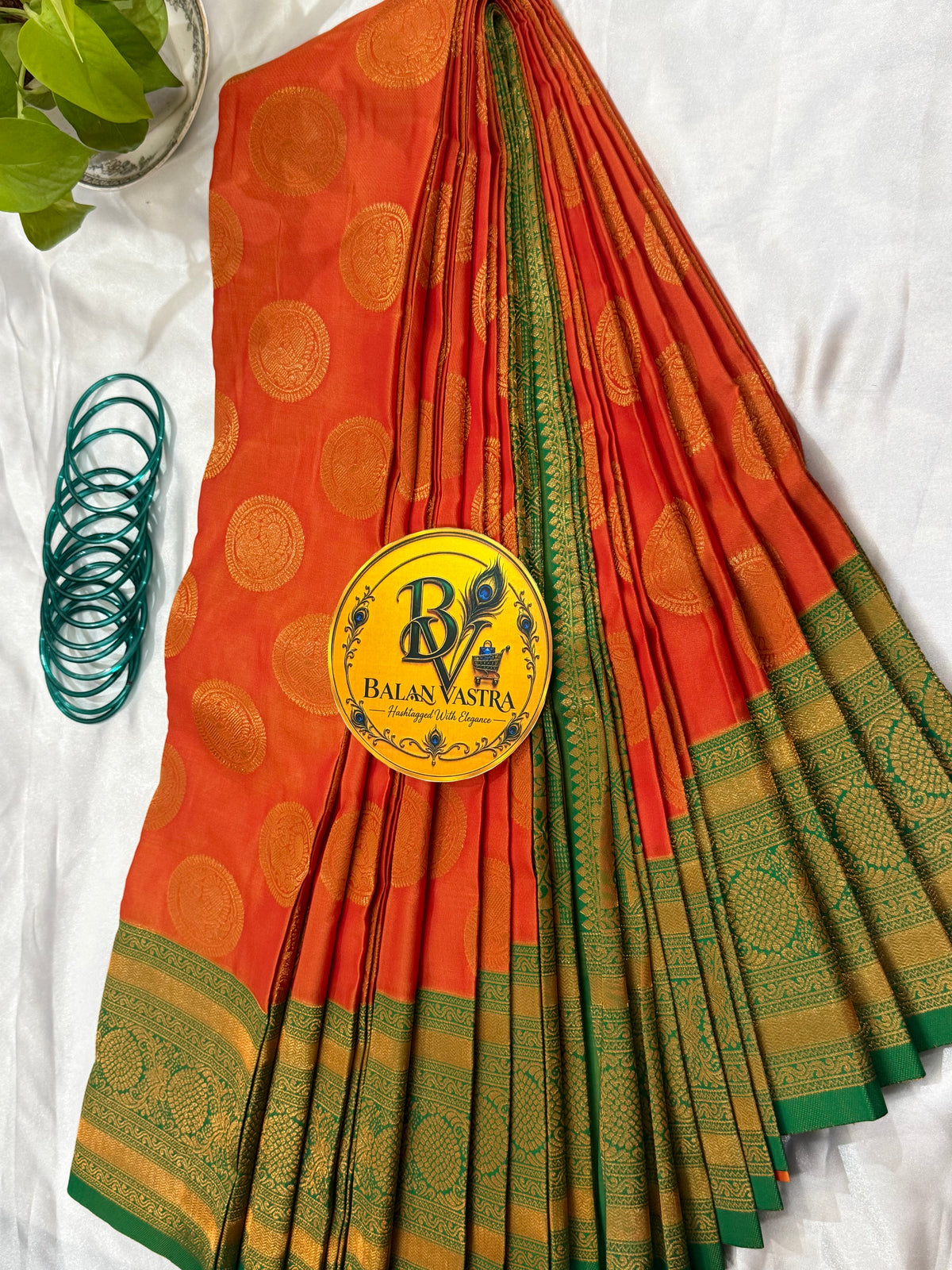 Premium Semi Silk Orange Saree | Orange & Green Contrast Border Semi Silk Saree
