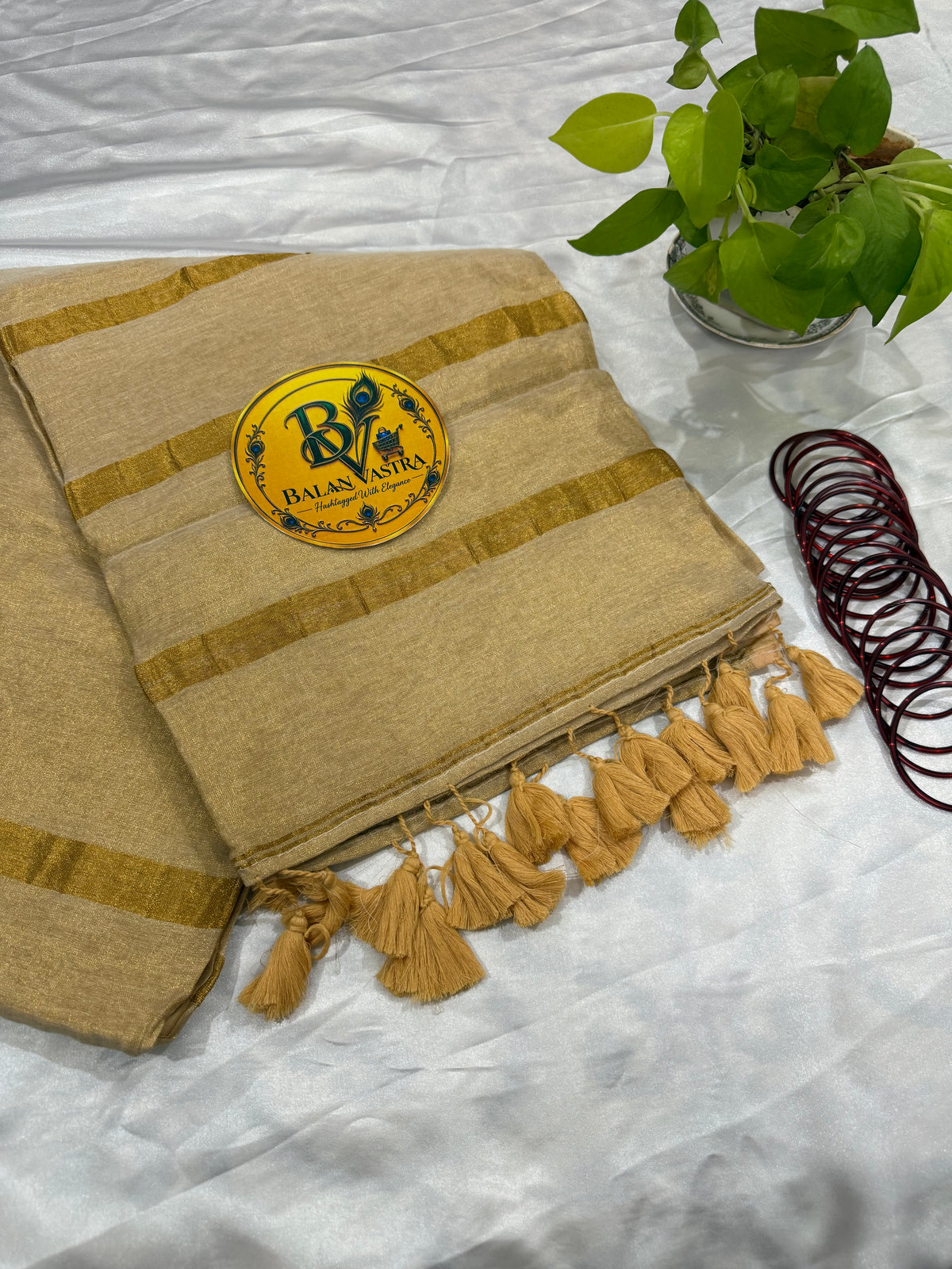 Gold Tissue Cotton Saree with Zari Stripes Pallu and Tassels | Pure Cotton Gold Tissue Saree | Lightweight Saree | Tissue Saree | Onam Saree