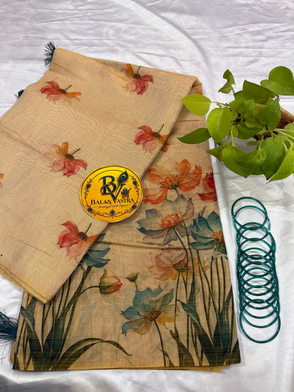 Gold Tissue Cotton Saree with Orange Floral and Tassels | Pure Cotton Gold Tissue Saree | Lightweight Saree | Tissue Saree | Onam Saree