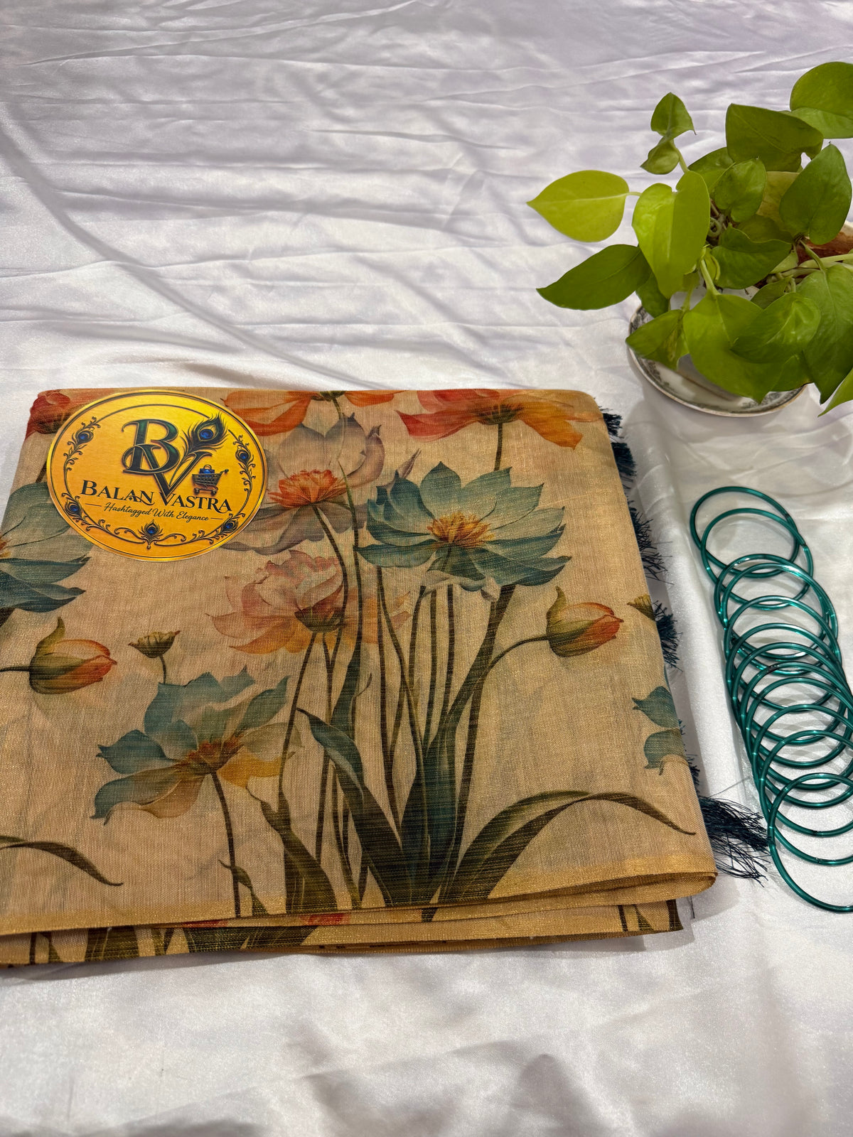 Gold Tissue Cotton Saree with Orange Floral and Tassels | Pure Cotton Gold Tissue Saree | Lightweight Saree | Tissue Saree | Onam Saree