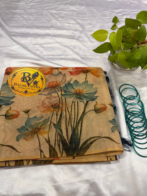Gold Tissue Cotton Saree with Orange Floral and Tassels | Pure Cotton Gold Tissue Saree | Lightweight Saree | Tissue Saree | Onam Saree
