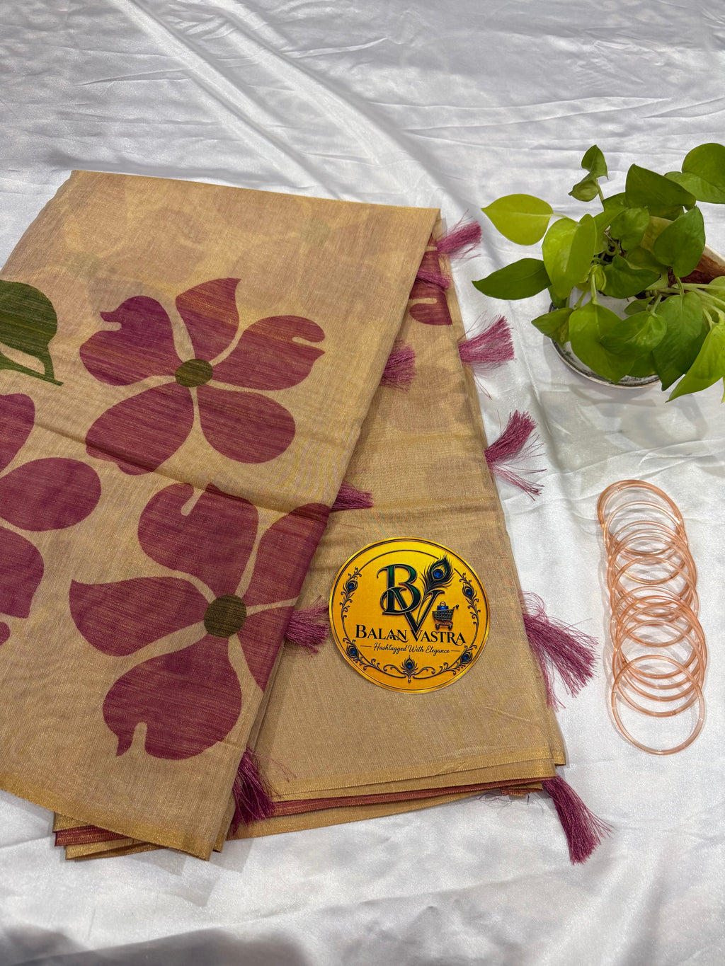 Gold Tissue Cotton Saree with Pink Floral and Tassels | Pure Cotton Gold Tissue Saree | Lightweight Saree | Tissue Saree | Onam Saree
