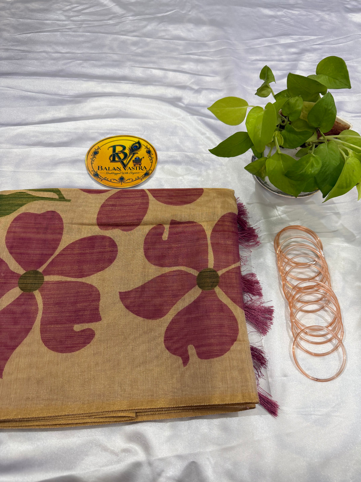 Gold Tissue Cotton Saree with Pink Floral and Tassels | Pure Cotton Gold Tissue Saree | Lightweight Saree | Tissue Saree | Onam Saree