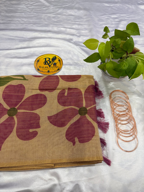 Gold Tissue Cotton Saree with Pink Floral and Tassels | Pure Cotton Gold Tissue Saree | Lightweight Saree | Tissue Saree | Onam Saree